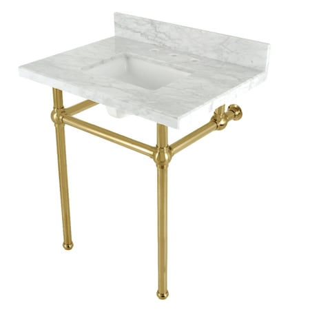 Kingston Brass 30 Console Sink with Brass Legs 8Inch, 3 Hole, Marble WhiteBrushed Brass KVBH3022M8SQ7